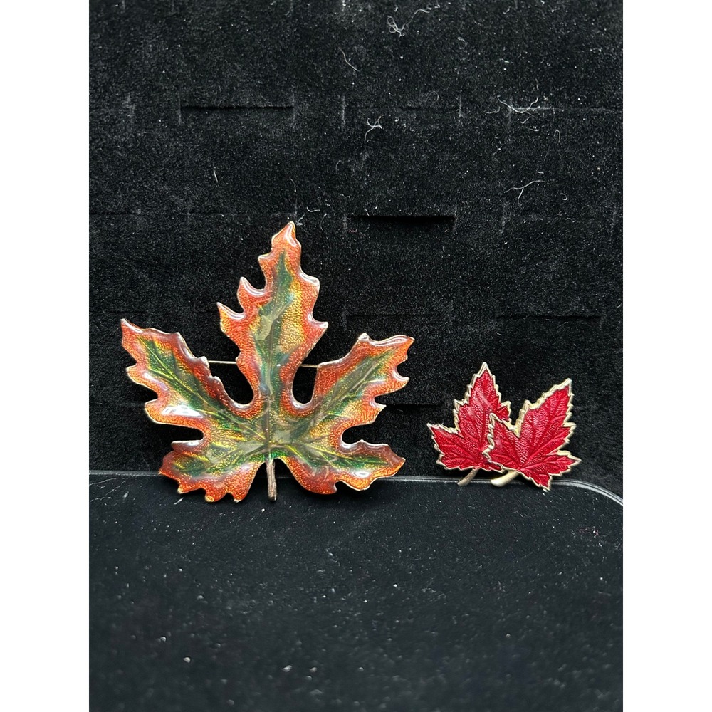 Vintage Autumn Leaf Brooch Lot Enamel Maple Leaf Pins Fall Jewelry Set of 2